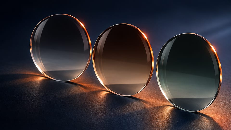 Três lentes em pé, lado a lado, com coloração degradê: cinza, marrom e verde, mais escuras em cima