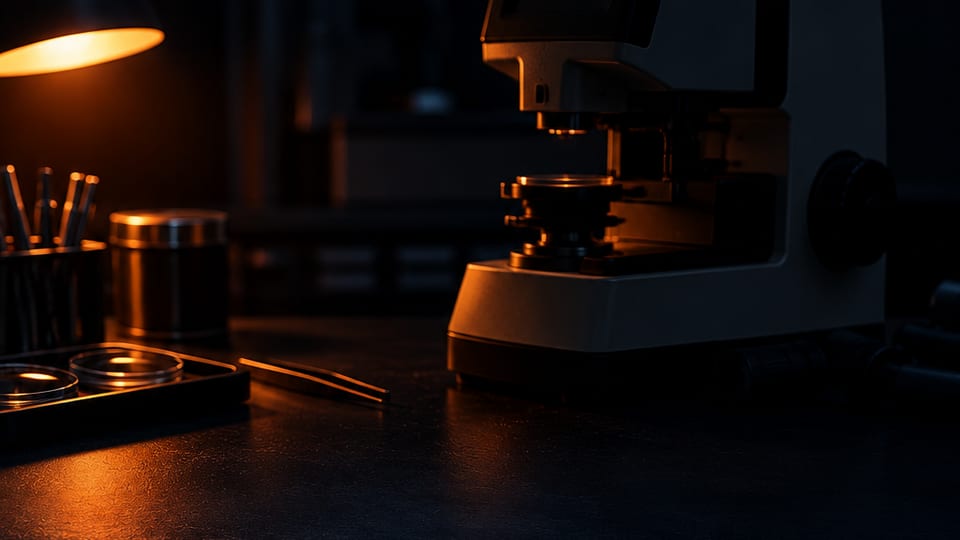 Bancada do laboratório à noite, com o lensômetro e as ferramentas sob a luz da luminária