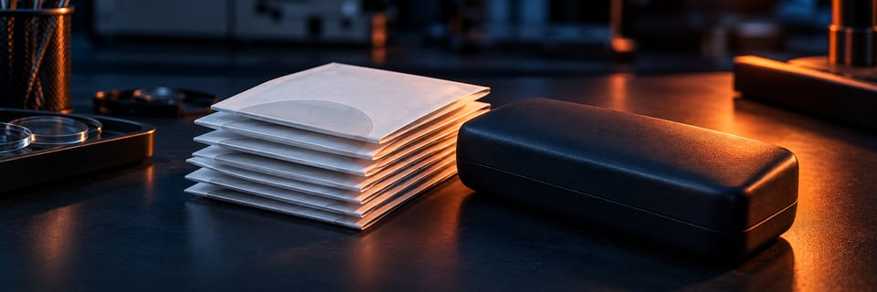Envelopes de lentes lacrados e um estojo escuro prontos para sair do laboratório para a entrega